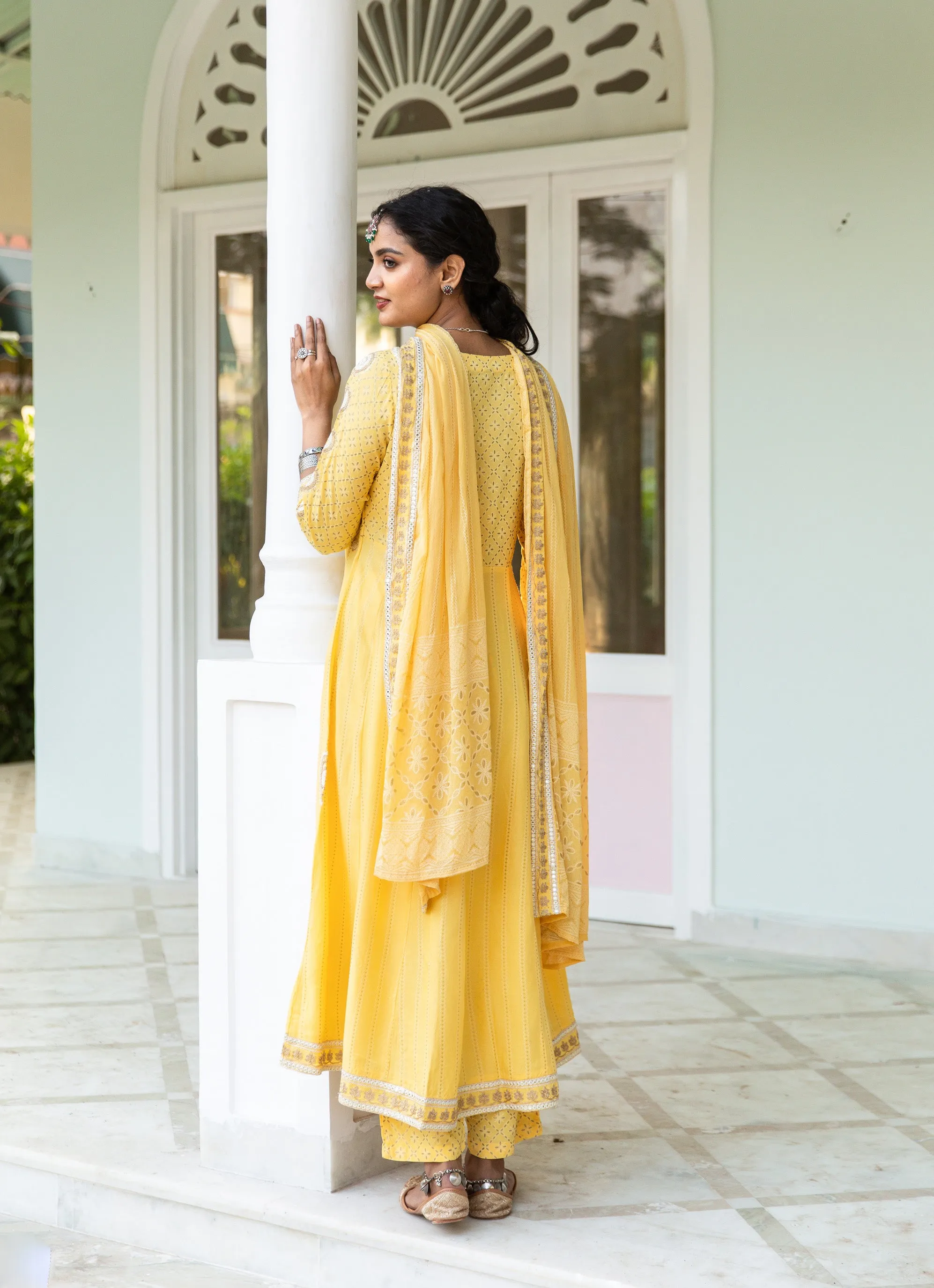 Lehza Women's Yellow Color Rayon Anarkali Kurta Pant Dupatta With Fancy Potli