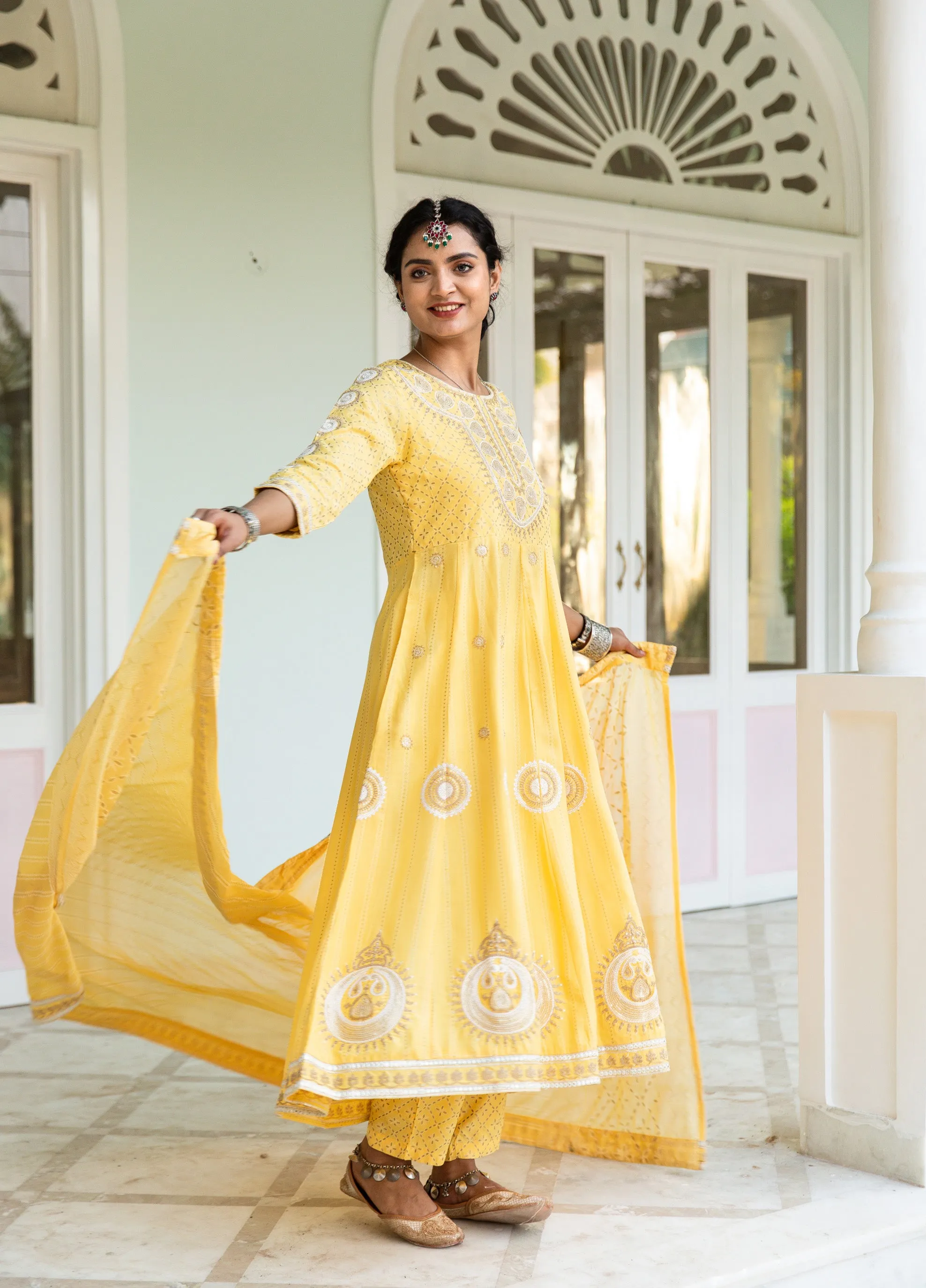 Lehza Women's Yellow Color Rayon Anarkali Kurta Pant Dupatta With Fancy Potli