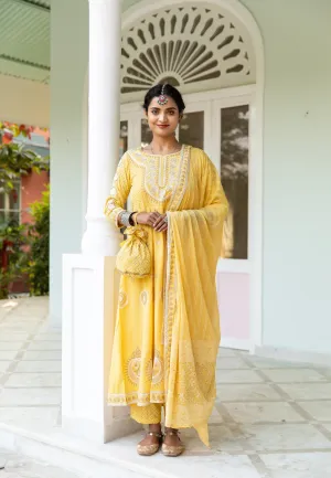 Lehza Women's Yellow Color Rayon Anarkali Kurta Pant Dupatta With Fancy Potli