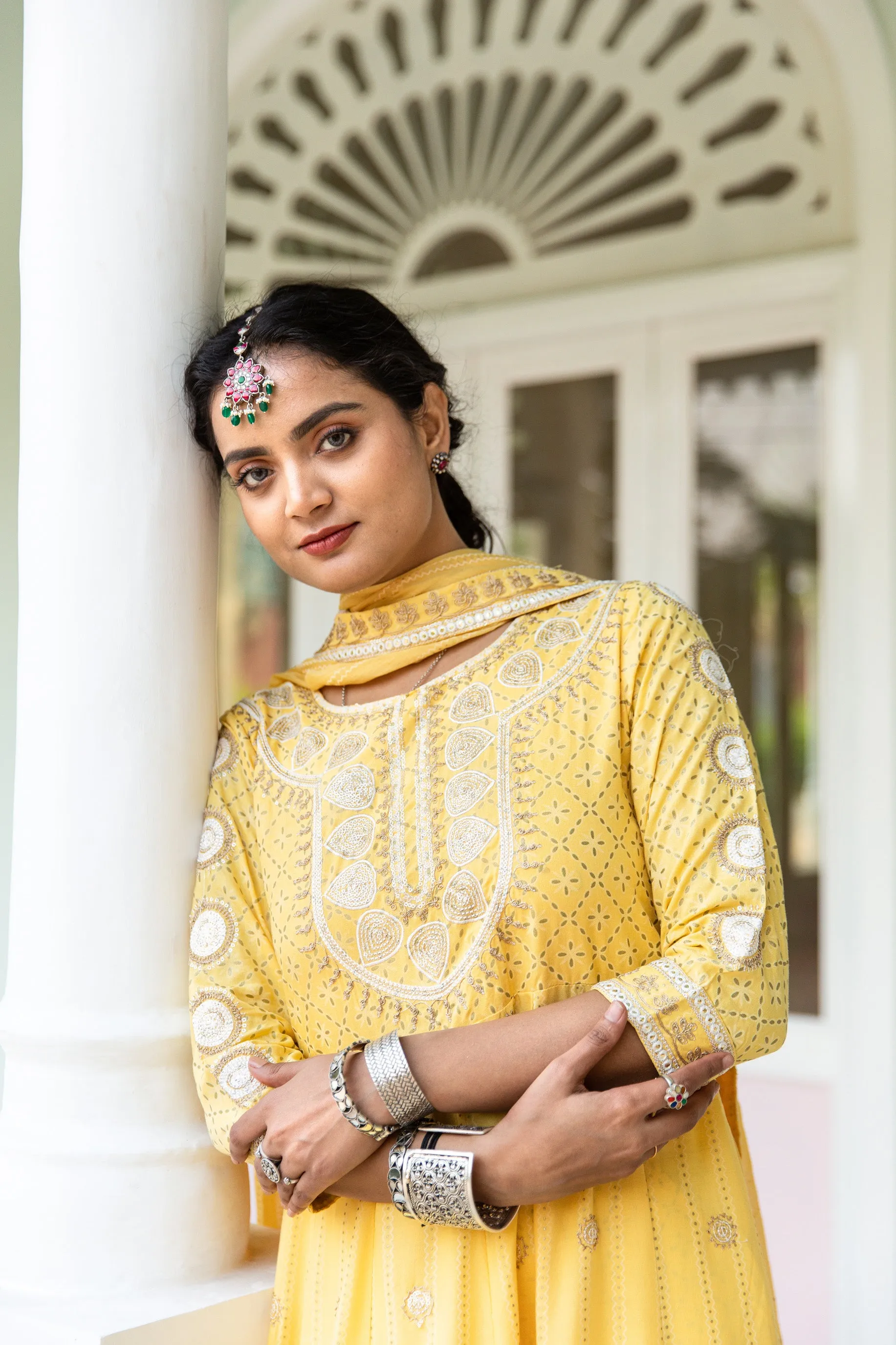 Lehza Women's Yellow Color Rayon Anarkali Kurta Pant Dupatta With Fancy Potli