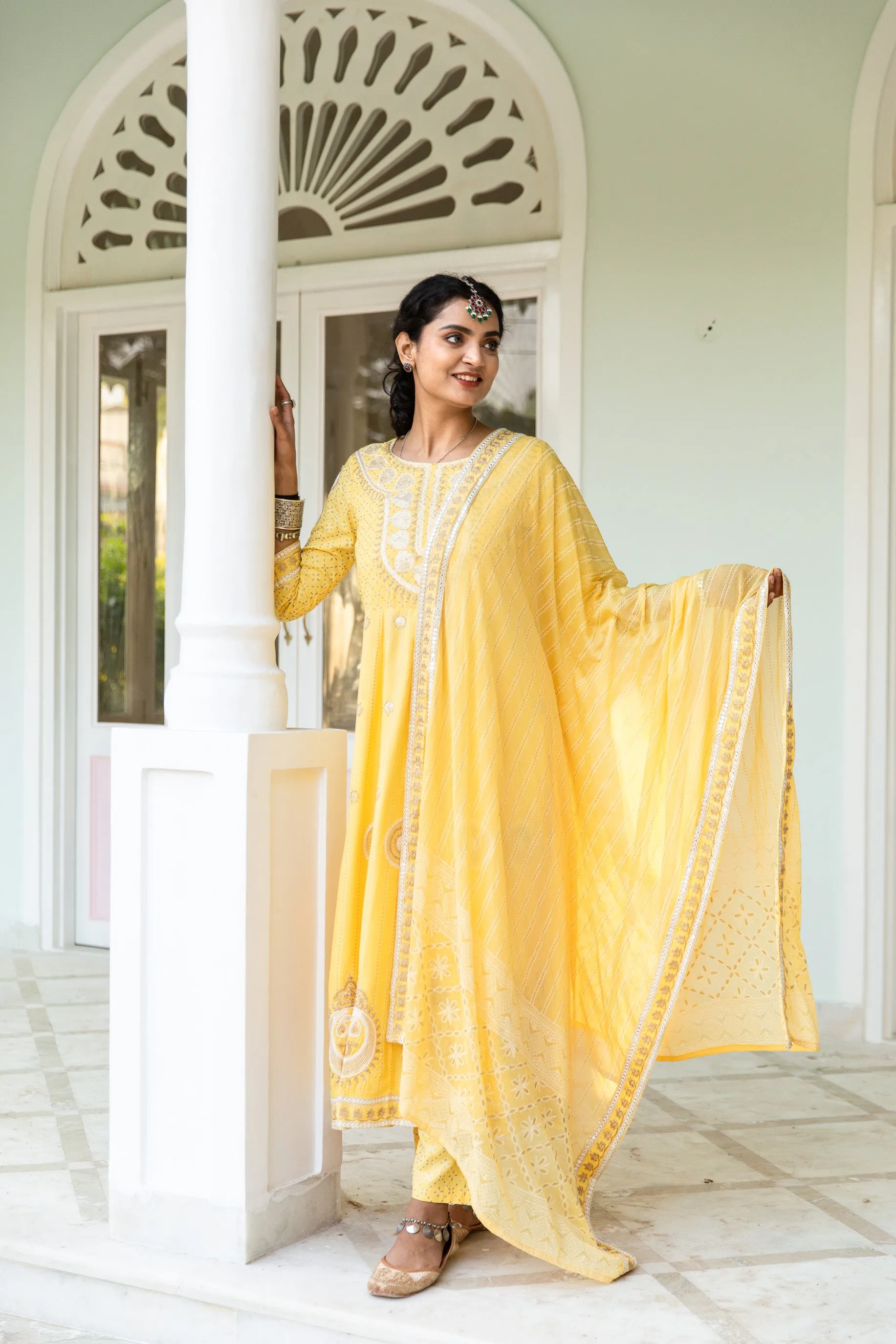 Lehza Women's Yellow Color Rayon Anarkali Kurta Pant Dupatta With Fancy Potli