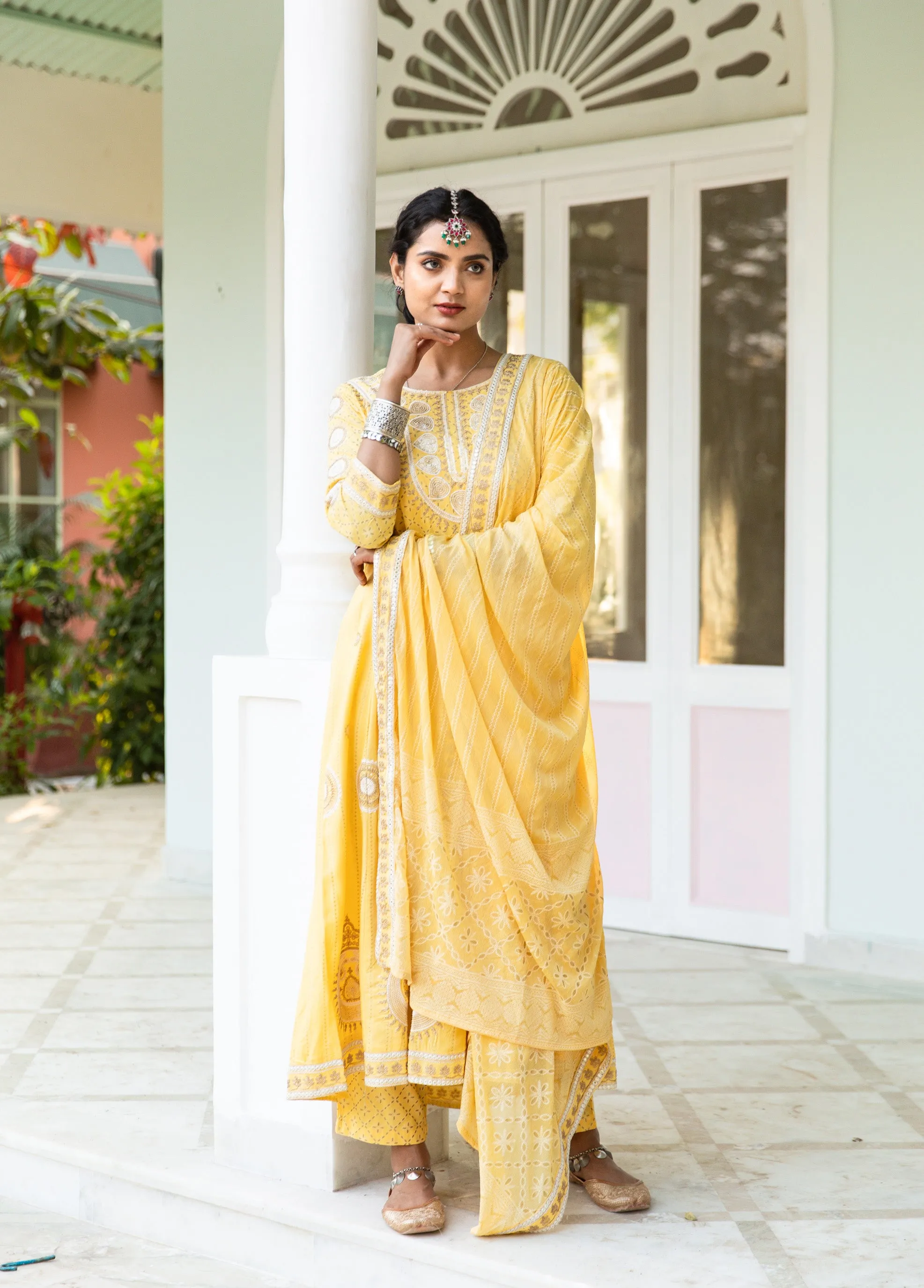 Lehza Women's Yellow Color Rayon Anarkali Kurta Pant Dupatta With Fancy Potli