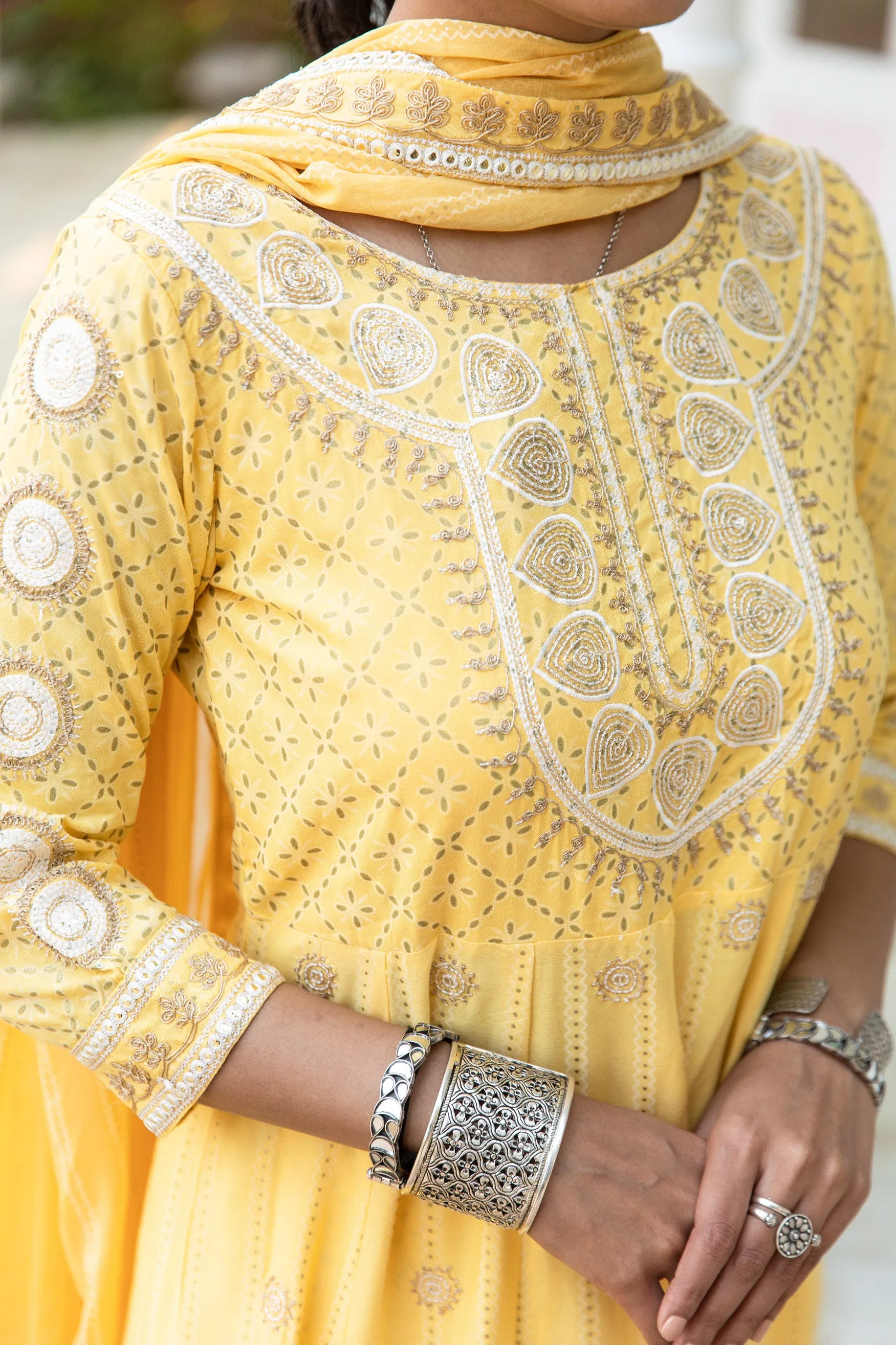Lehza Women's Yellow Color Rayon Anarkali Kurta Pant Dupatta With Fancy Potli