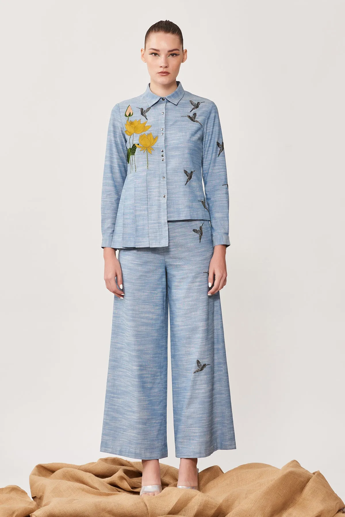 Lotus & Humming Bird Side Pleated Shirt With Matching Flared Pants