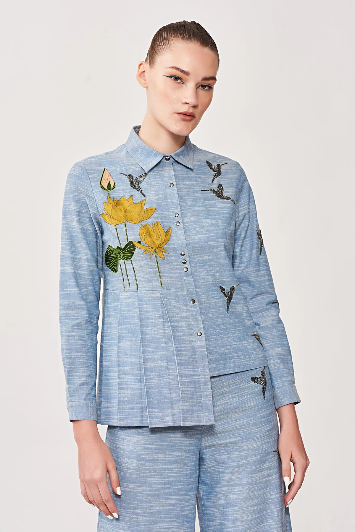 Lotus & Humming Bird Side Pleated Shirt With Matching Flared Pants