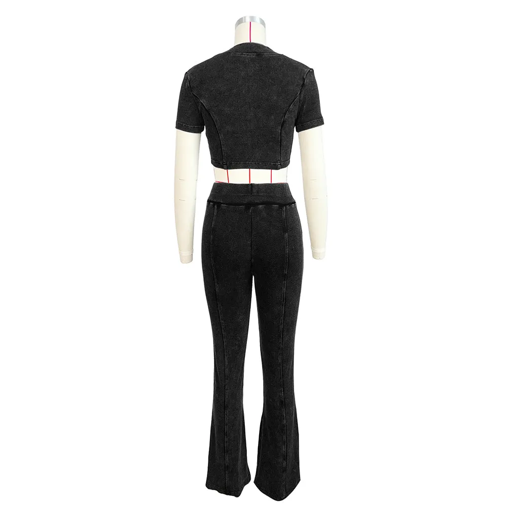 MALYBGG Zip-Up Short Sleeve Top And Flare Long Pant Set 24035LY