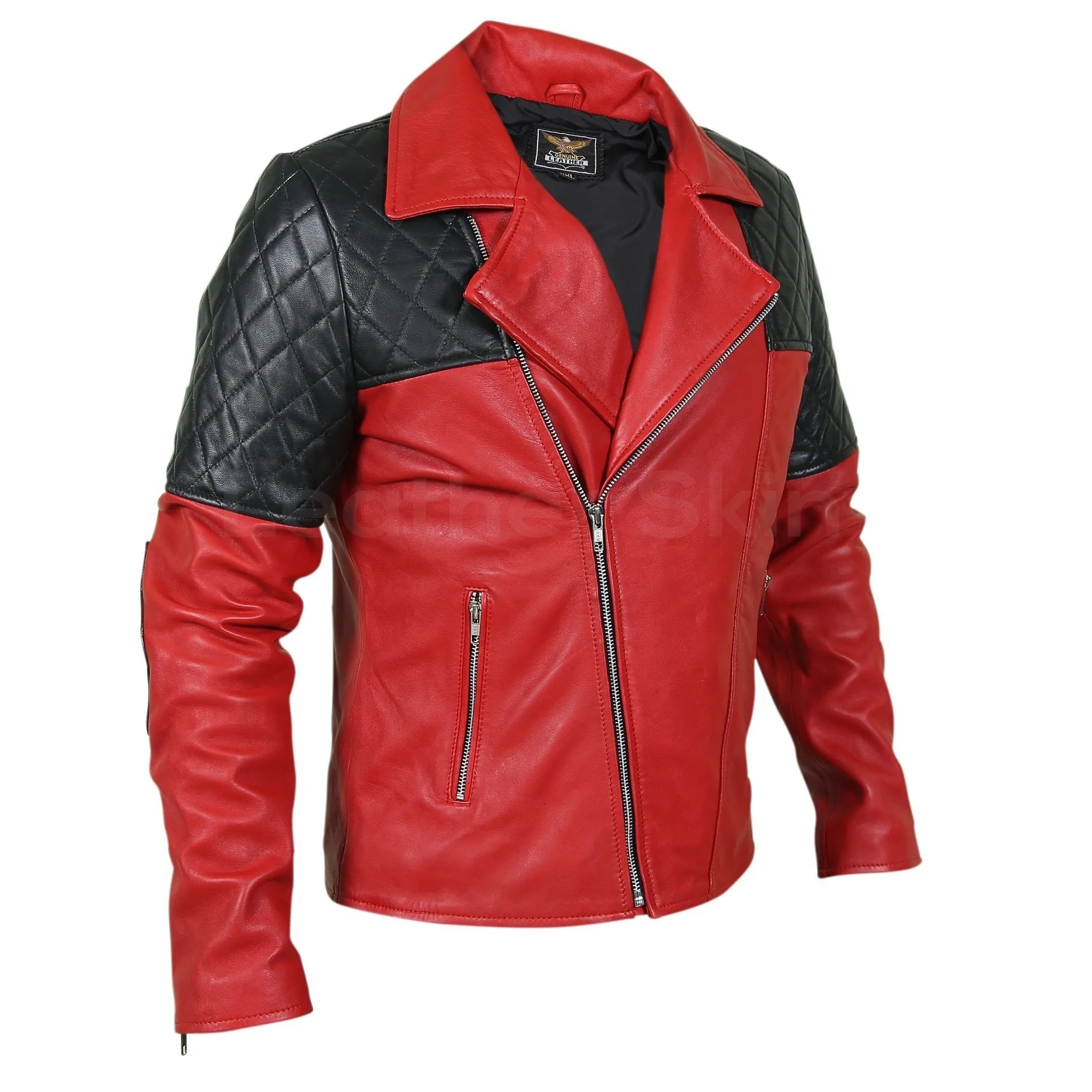 Men Red Genuine Leather Jacket with Black Diamond Quilted Shoulders
