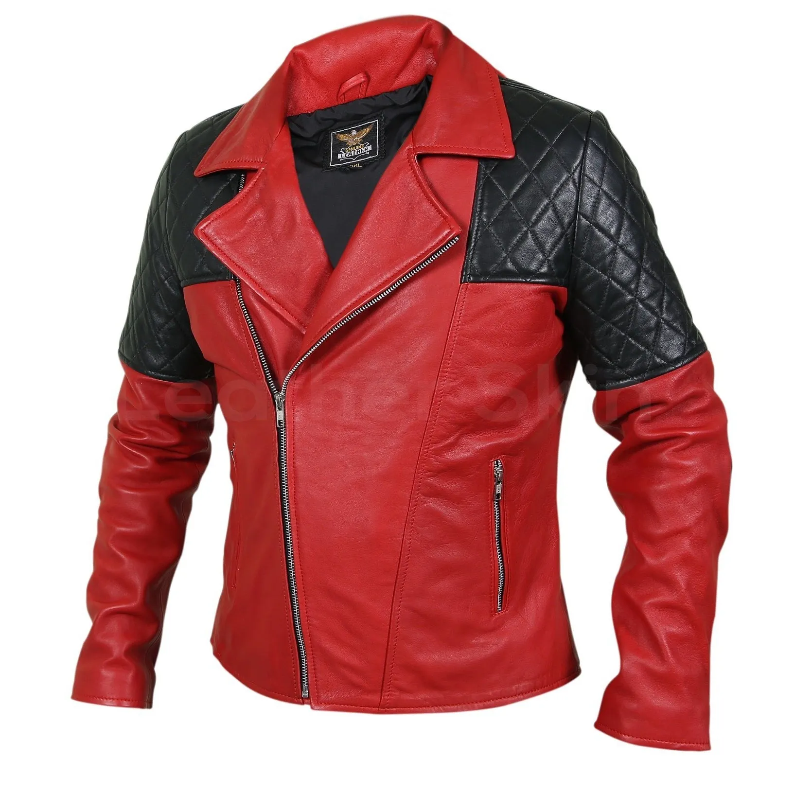 Men Red Genuine Leather Jacket with Black Diamond Quilted Shoulders