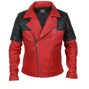 Men Red Genuine Leather Jacket with Black Diamond Quilted Shoulders
