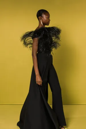 Off-The-Shoulder Jumpsuit with Feathers and Overskirt