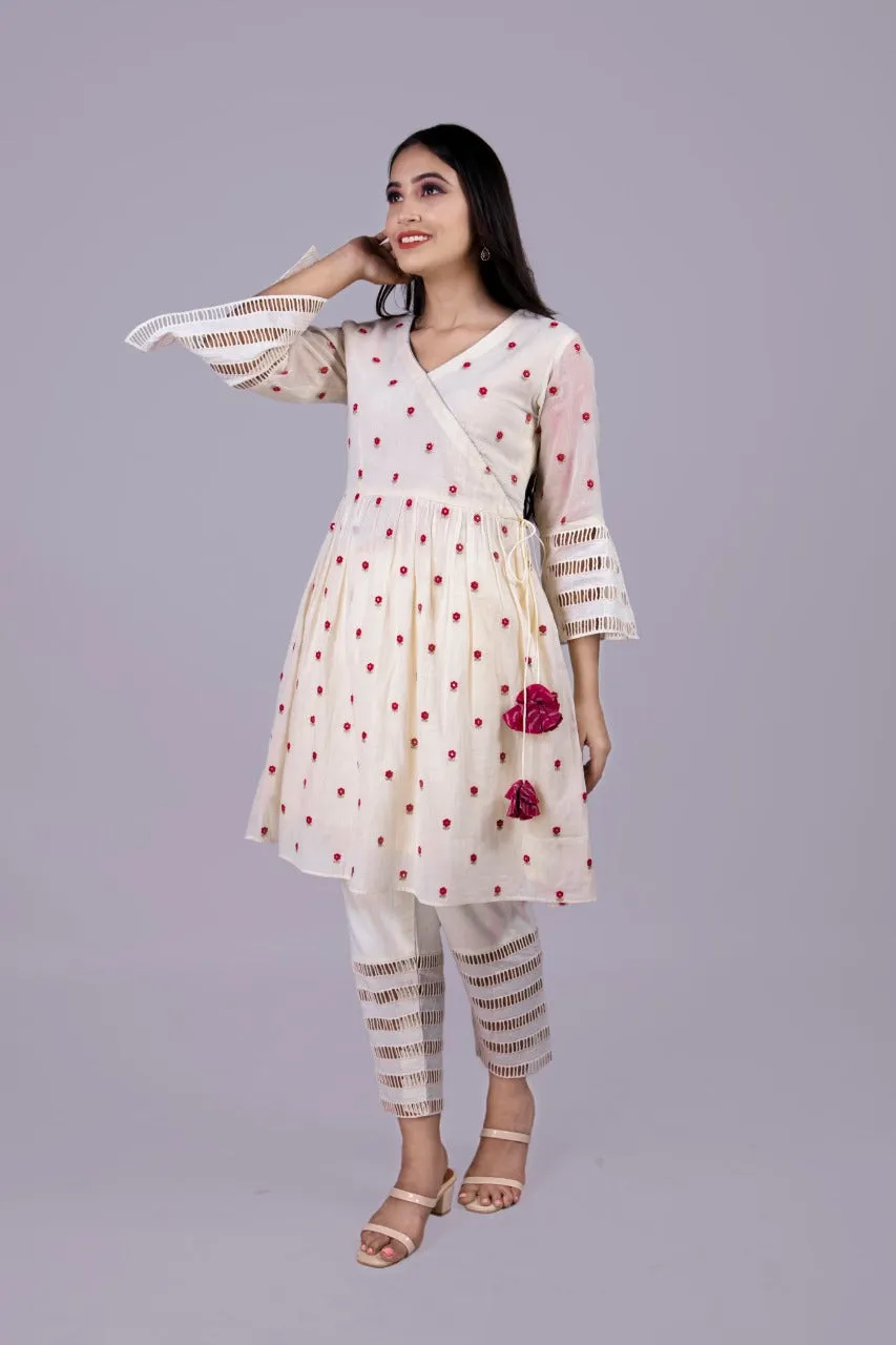 Off White Gathered Angrakha With Pants