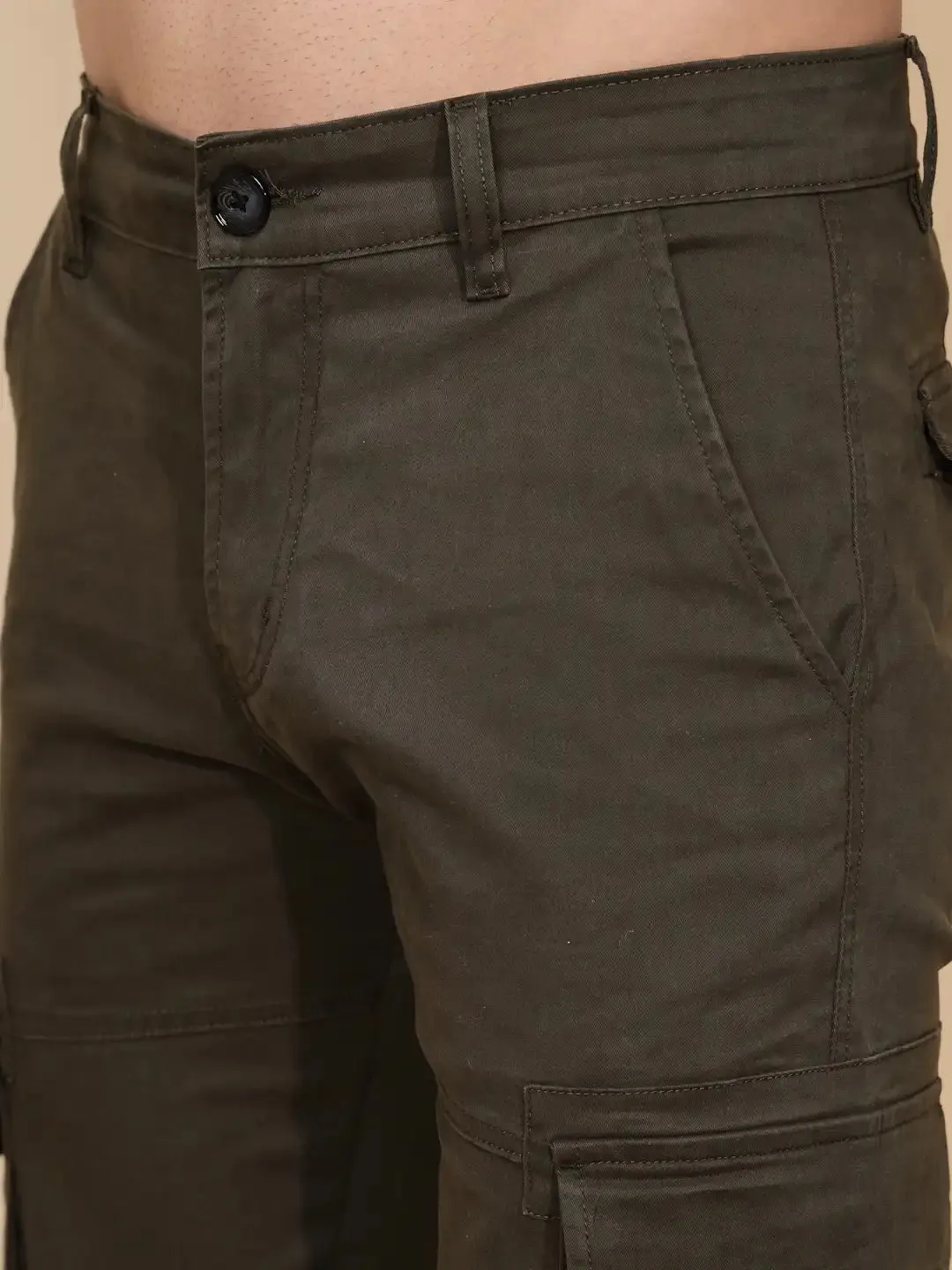 Olive Cotton Blend Regular Fit Cargo For Men