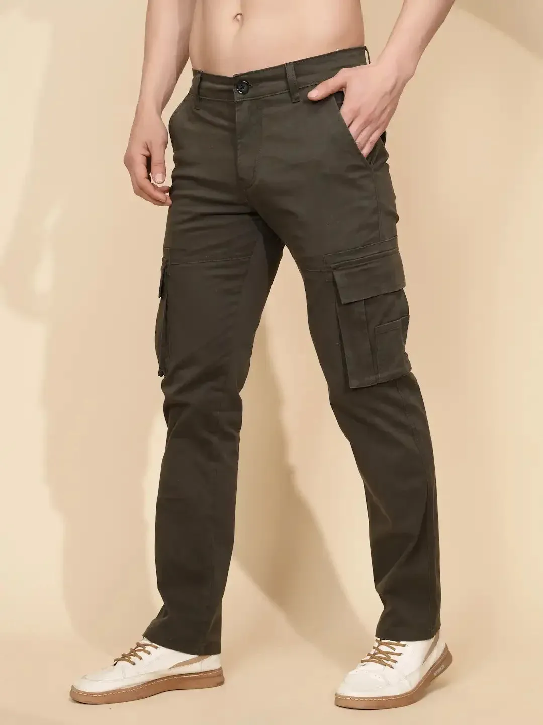 Olive Cotton Blend Regular Fit Cargo For Men