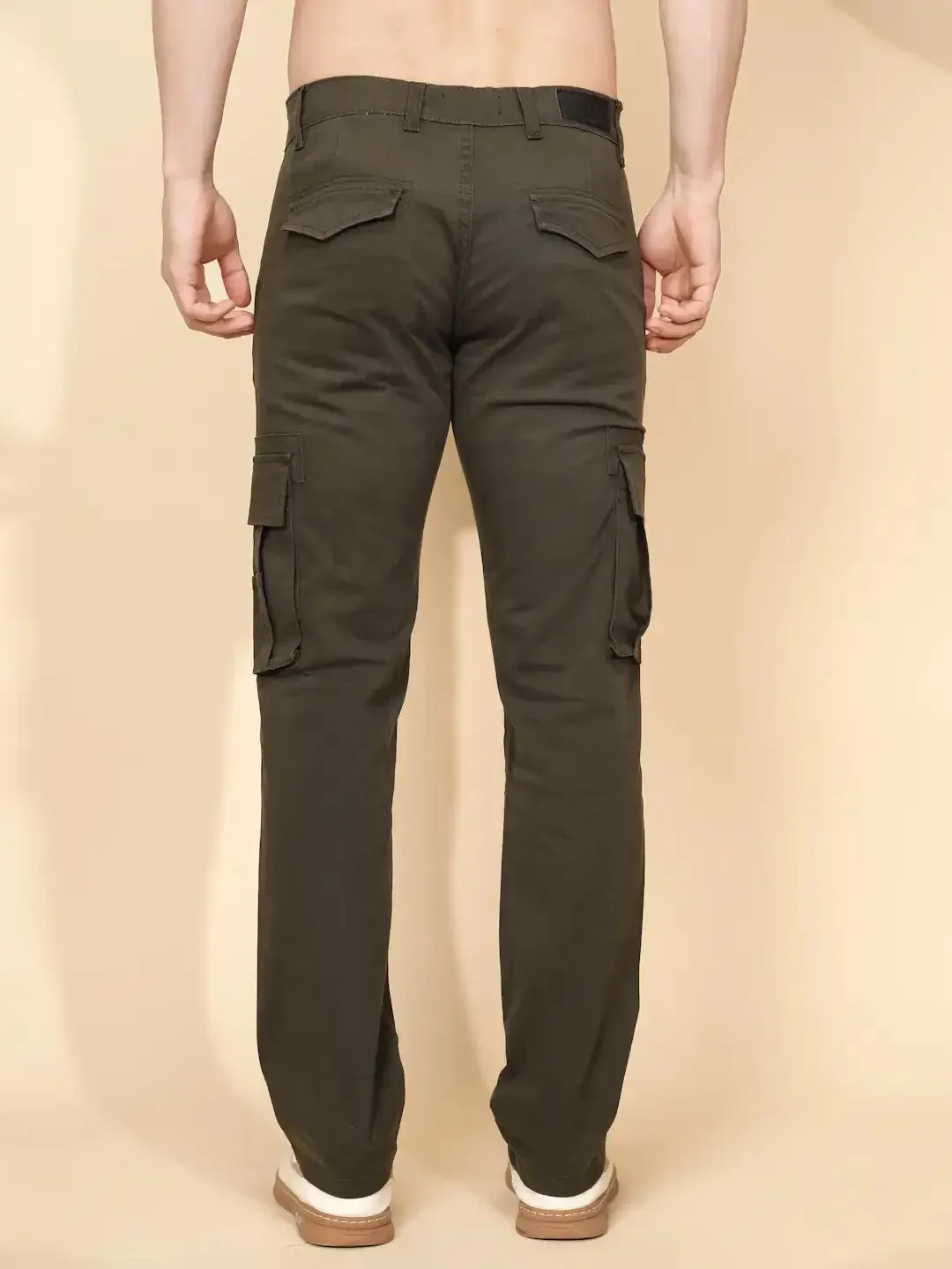 Olive Cotton Blend Regular Fit Cargo For Men