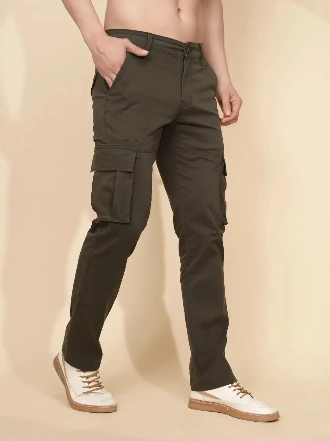 Olive Cotton Blend Regular Fit Cargo For Men