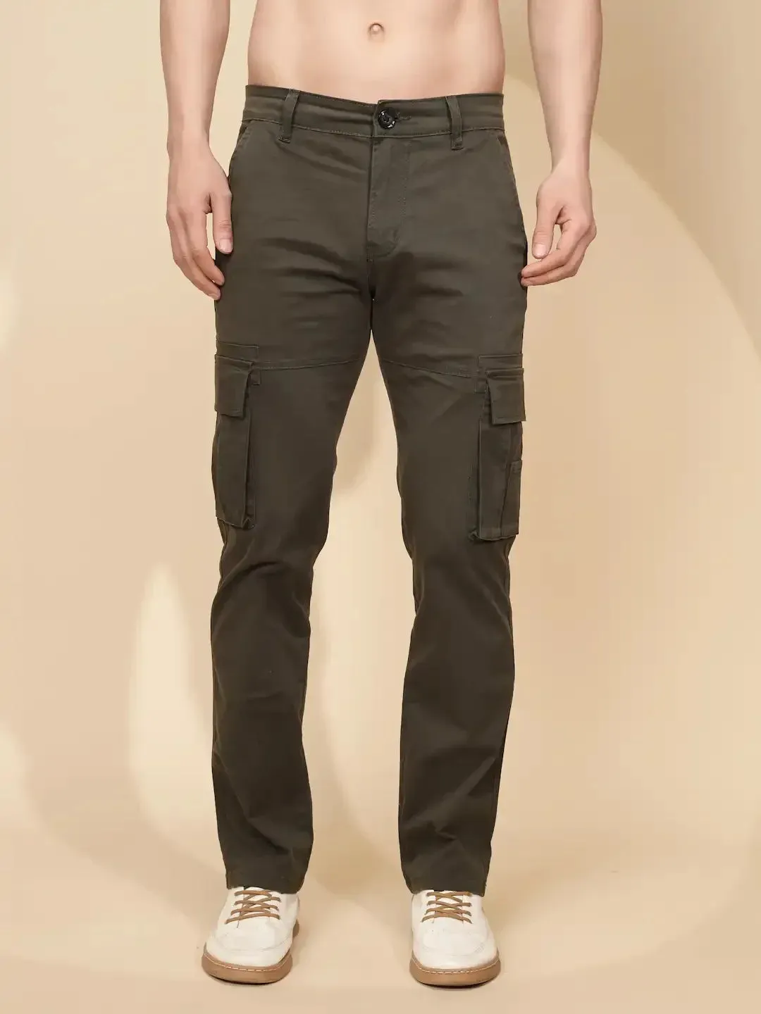 Olive Cotton Blend Regular Fit Cargo For Men