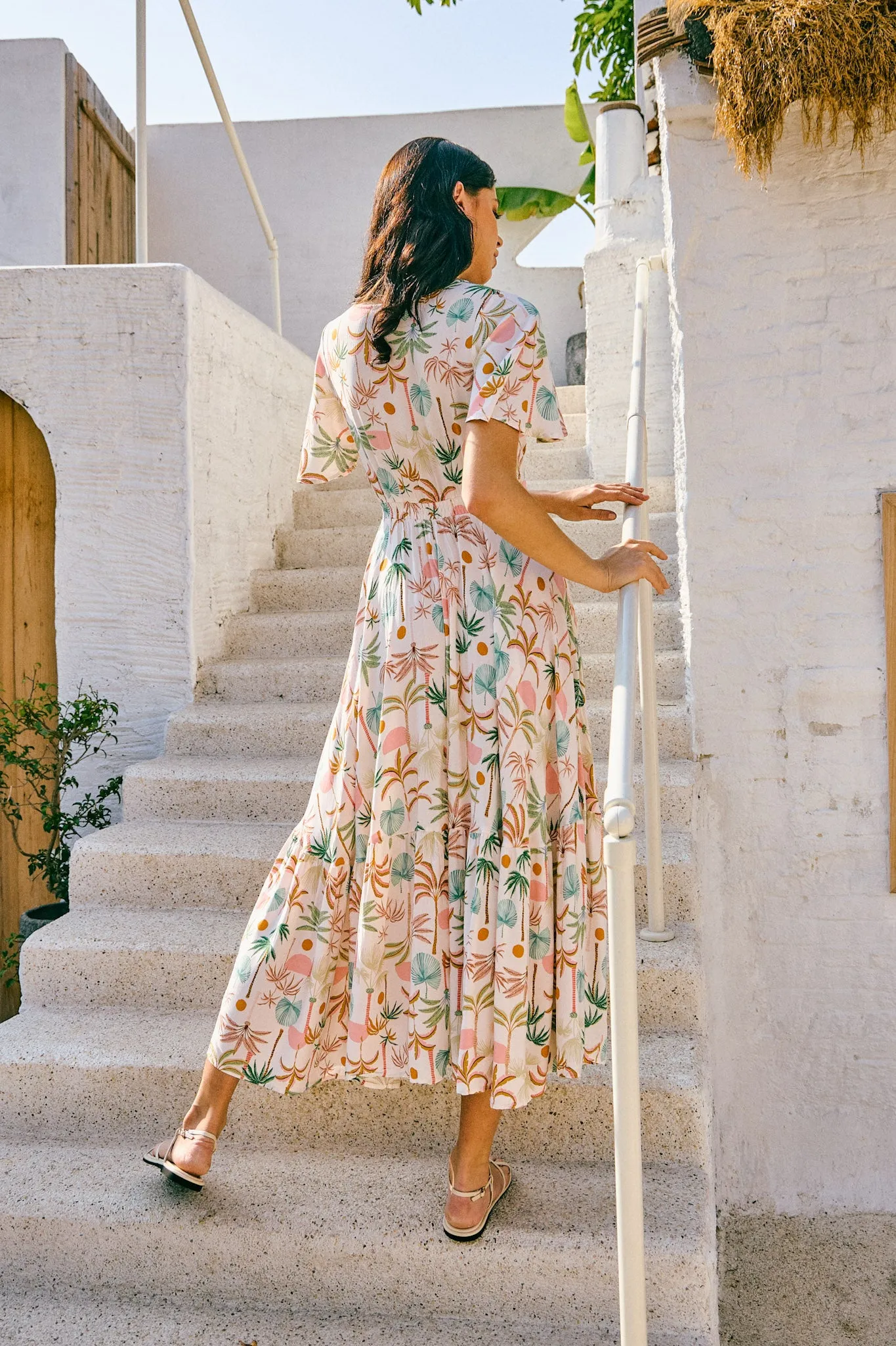Paloma Brown Green Tropical V-Neck Midi Dress