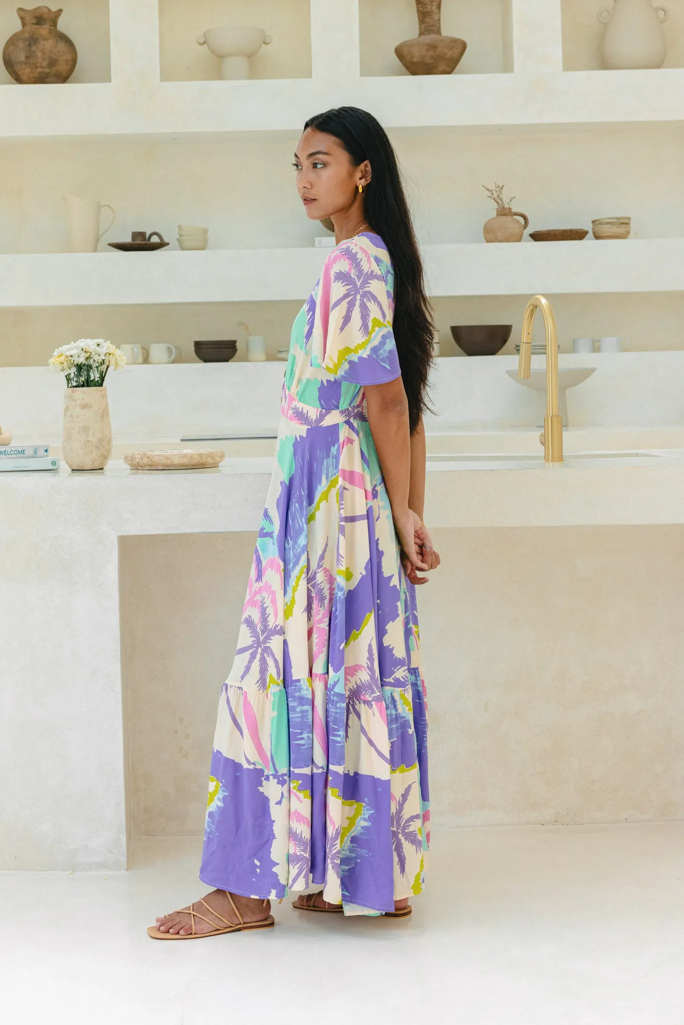 Paradisio Purple Tropical V-Neck Midi Dress