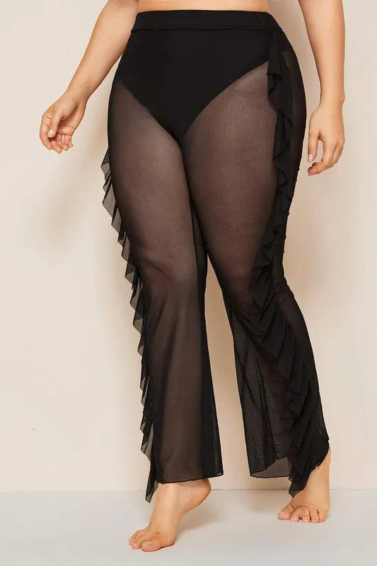 Plus Size Black Sheer Ruffled Pants