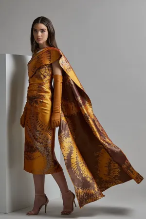 Printed Midi Dress with Side Cape
