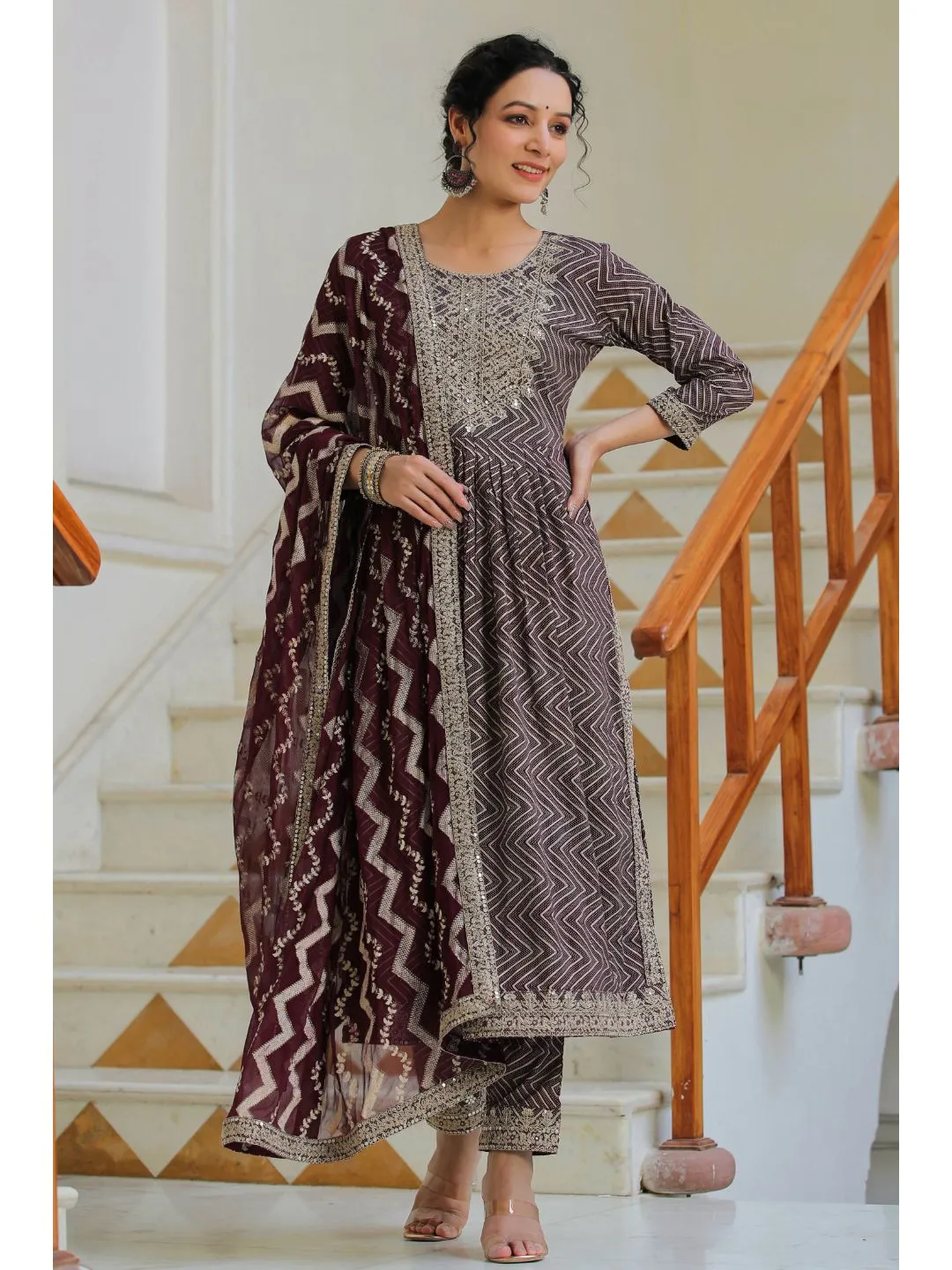 Raatrani Wine Sequin & Printed Naira Suit Set