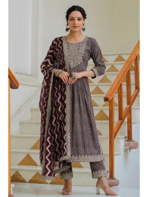 Raatrani Wine Sequin & Printed Naira Suit Set