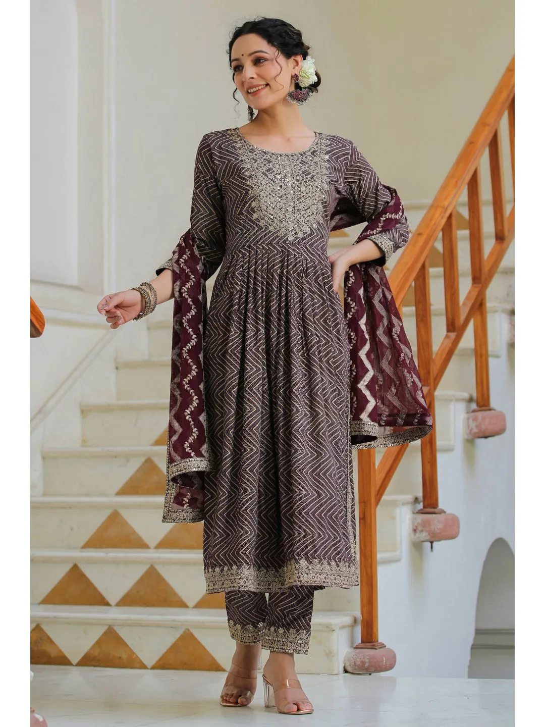 Raatrani Wine Sequin & Printed Naira Suit Set