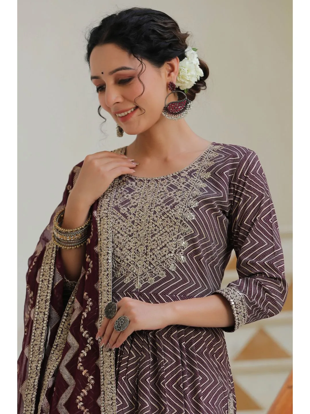 Raatrani Wine Sequin & Printed Naira Suit Set