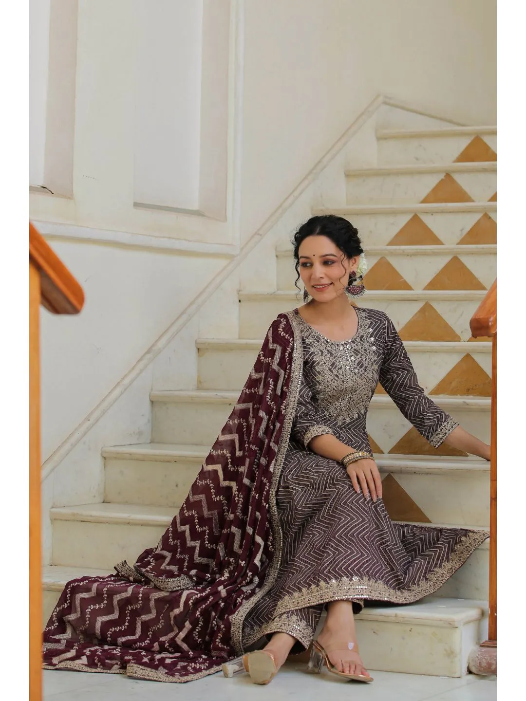 Raatrani Wine Sequin & Printed Naira Suit Set
