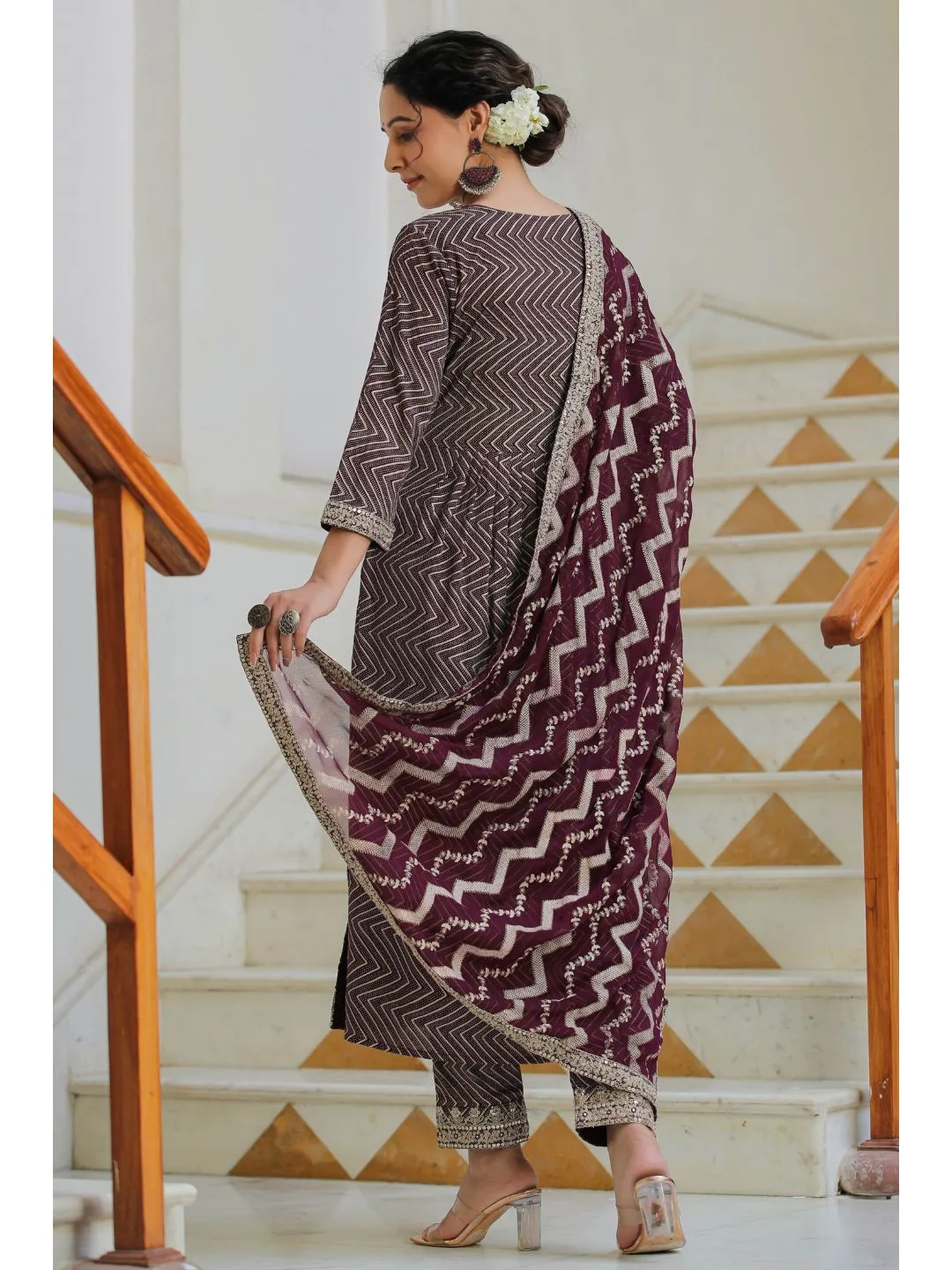 Raatrani Wine Sequin & Printed Naira Suit Set