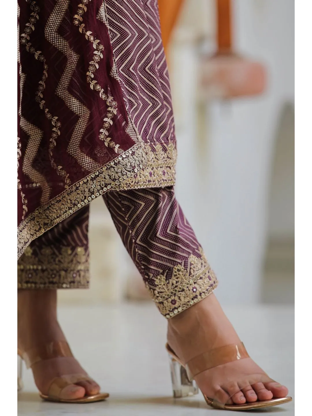 Raatrani Wine Sequin & Printed Naira Suit Set