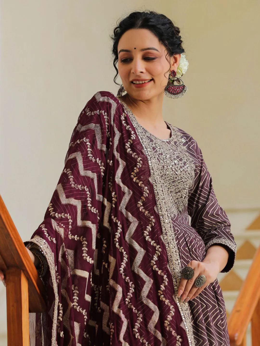 Raatrani Wine Sequin & Printed Naira Suit Set