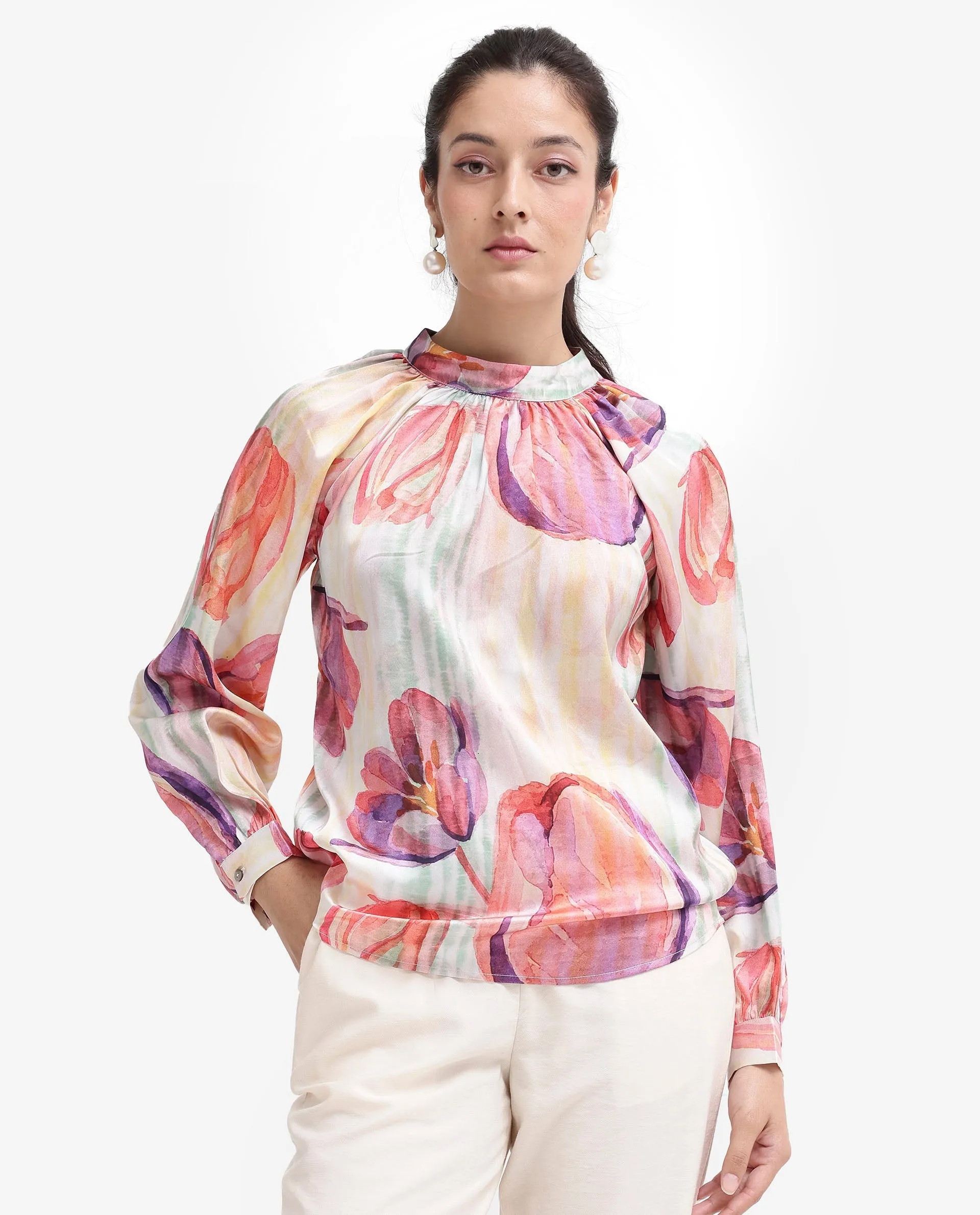 Rareism Women Raylin Light Multi Cuffed Sleeve High Neck Button Relaxed Fit Floral Print Top