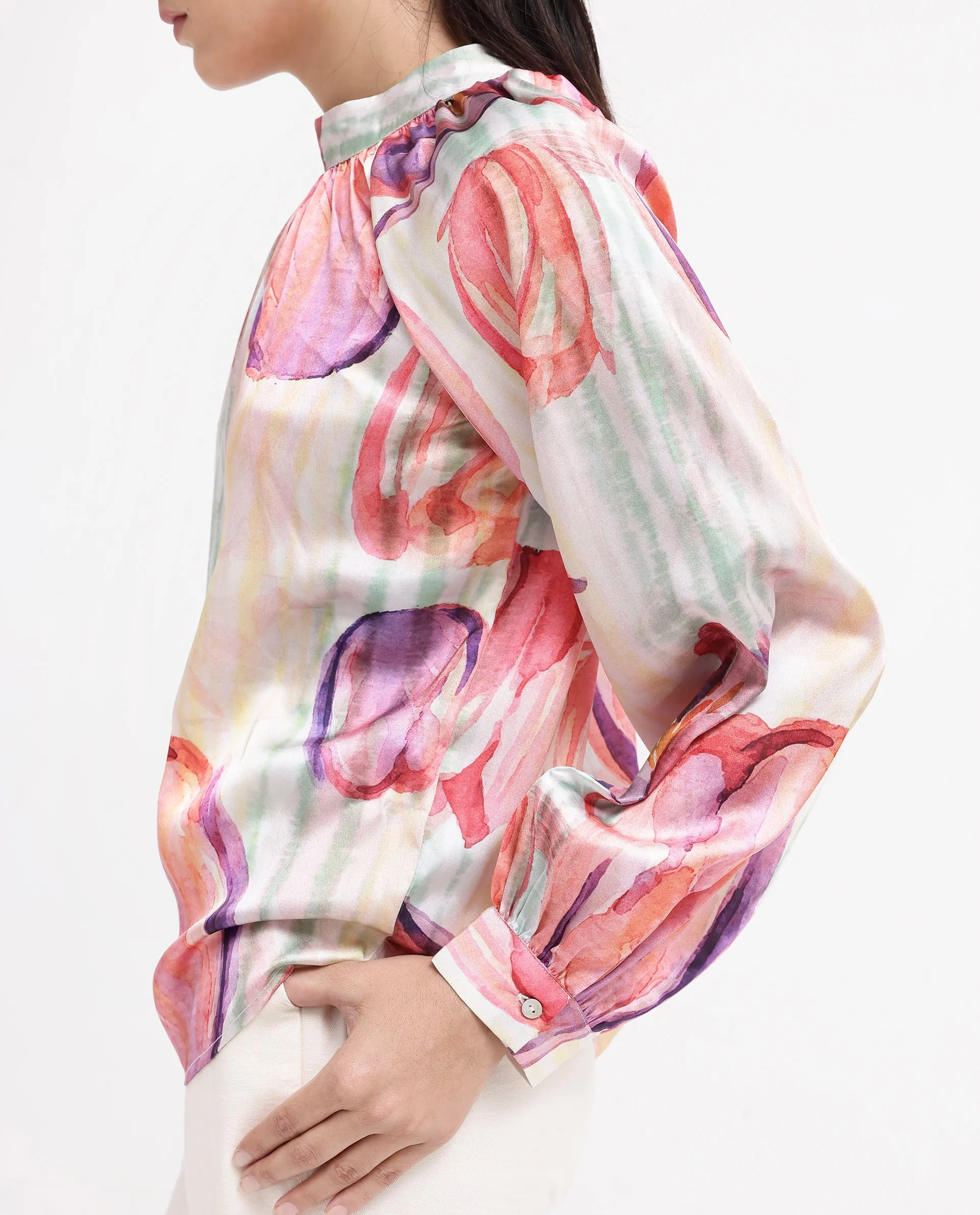 Rareism Women Raylin Light Multi Cuffed Sleeve High Neck Button Relaxed Fit Floral Print Top