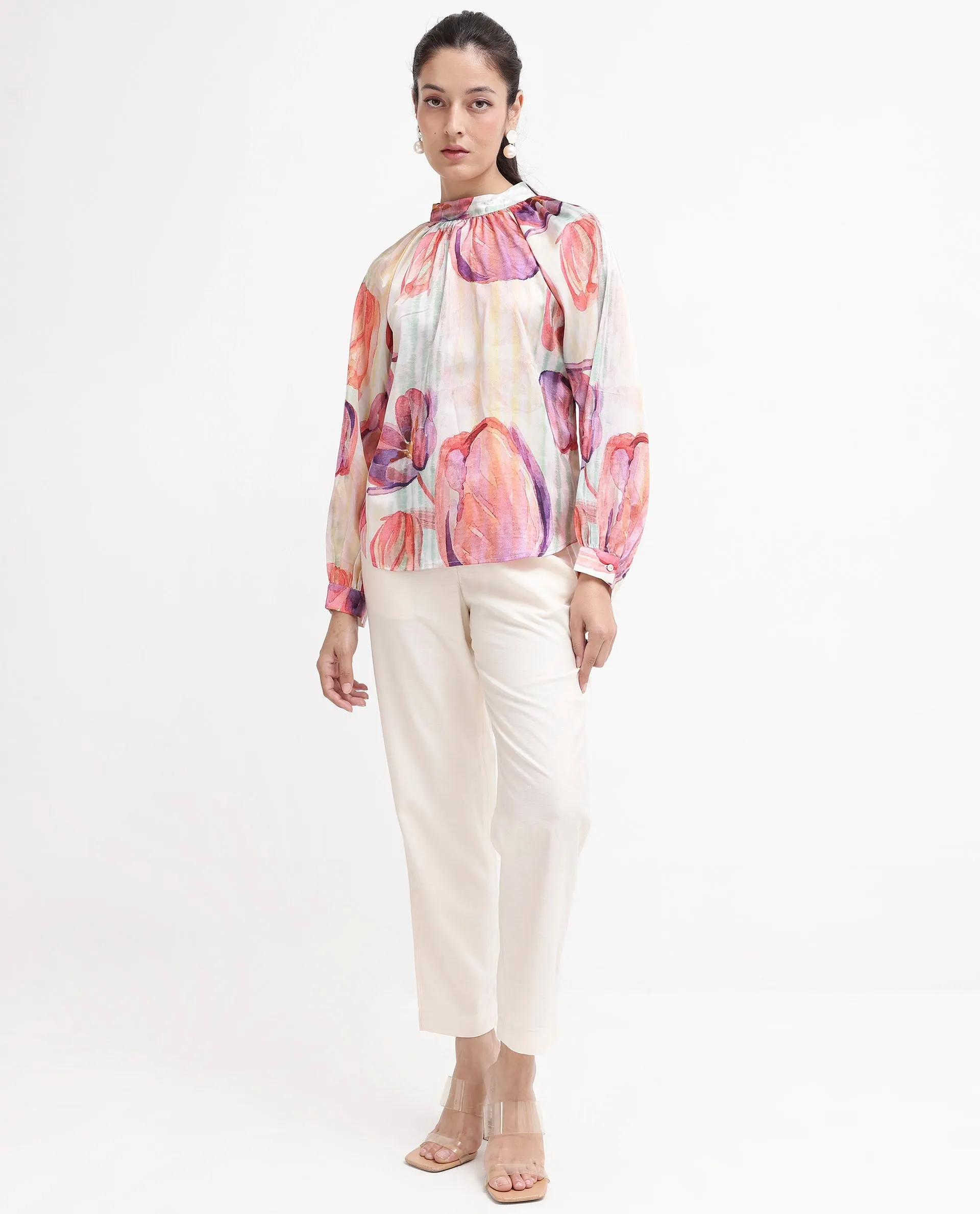 Rareism Women Raylin Light Multi Cuffed Sleeve High Neck Button Relaxed Fit Floral Print Top