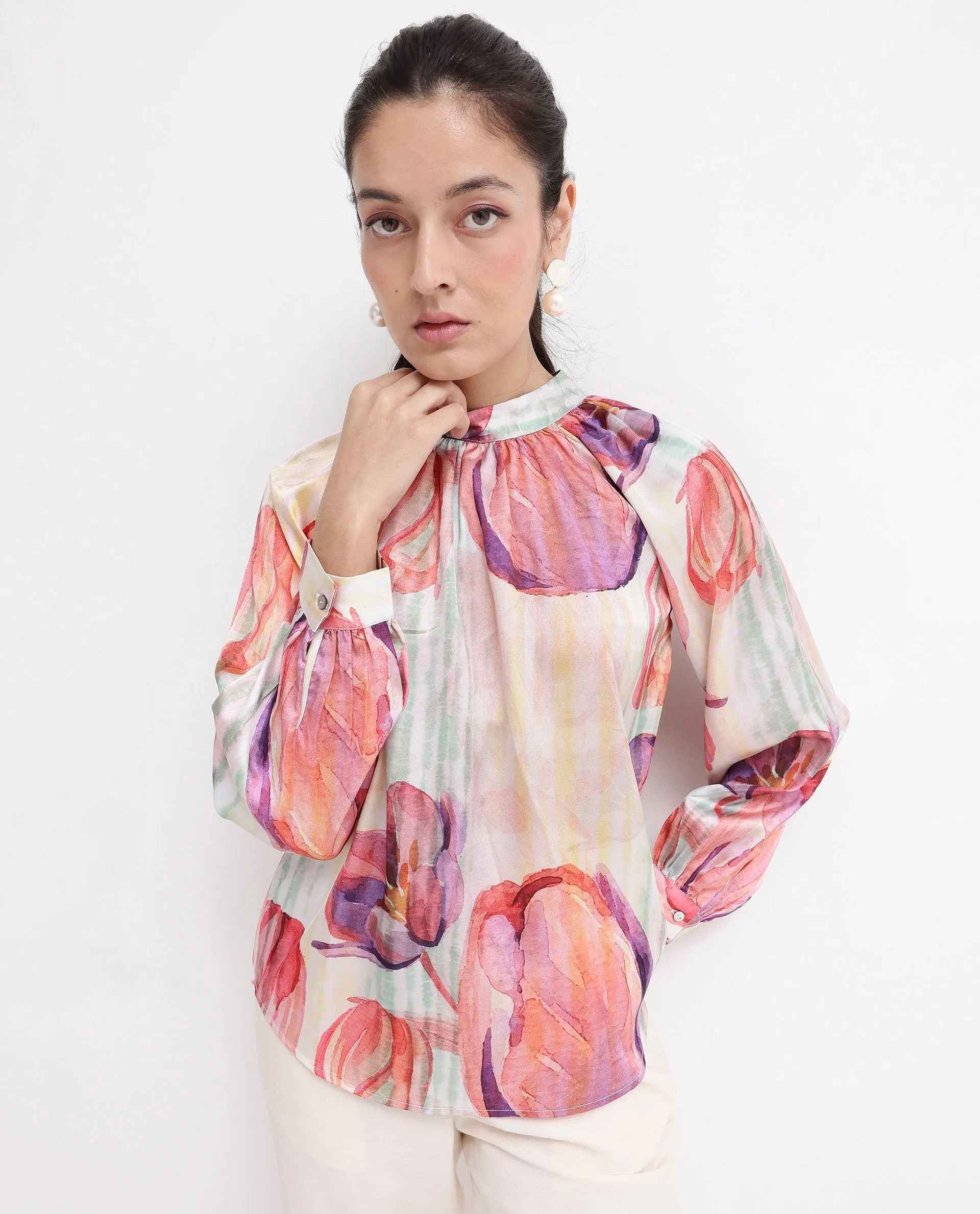 Rareism Women Raylin Light Multi Cuffed Sleeve High Neck Button Relaxed Fit Floral Print Top