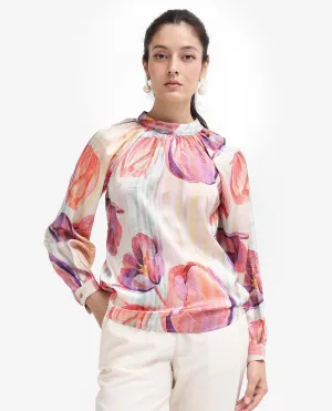 Rareism Women Raylin Light Multi Cuffed Sleeve High Neck Button Relaxed Fit Floral Print Top