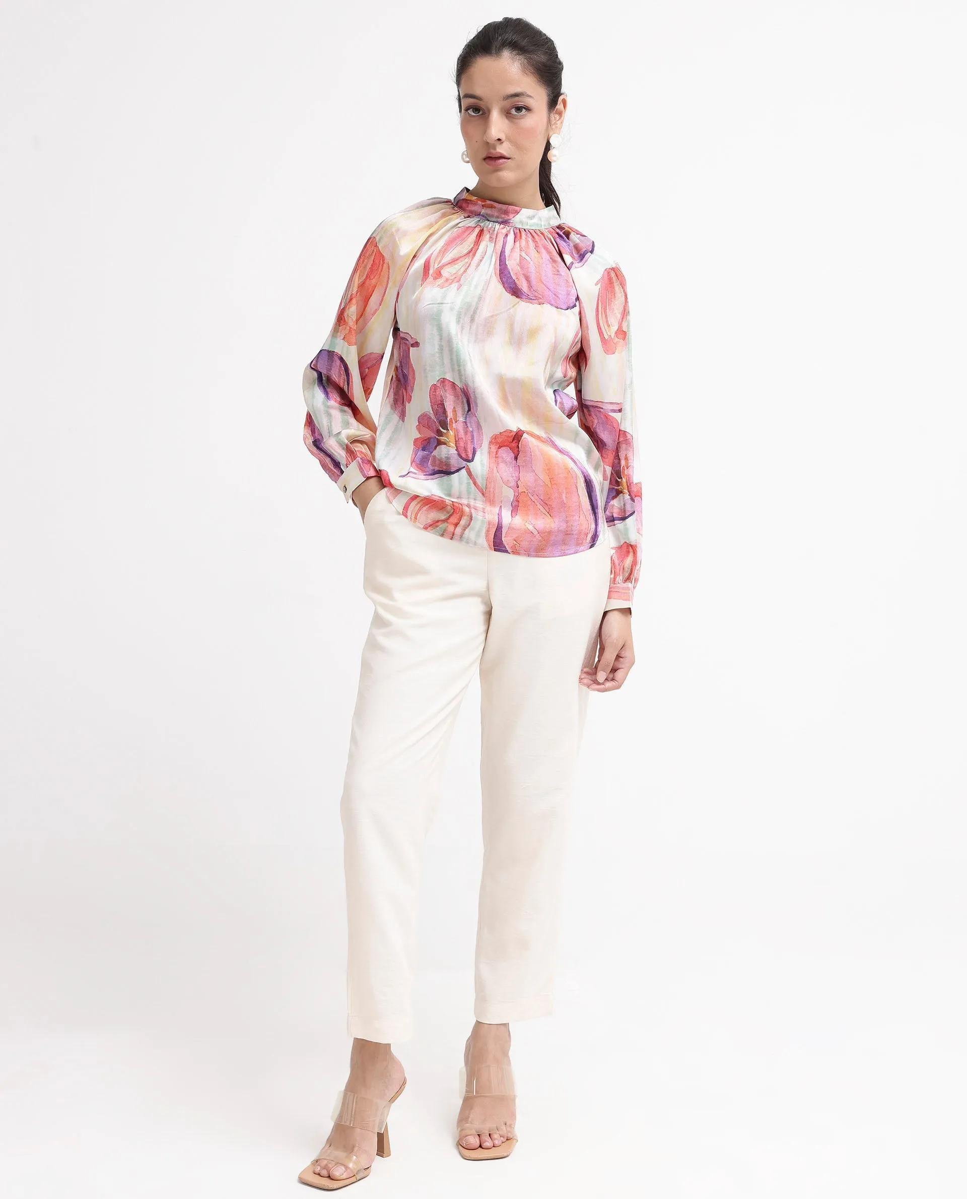 Rareism Women Raylin Light Multi Cuffed Sleeve High Neck Button Relaxed Fit Floral Print Top