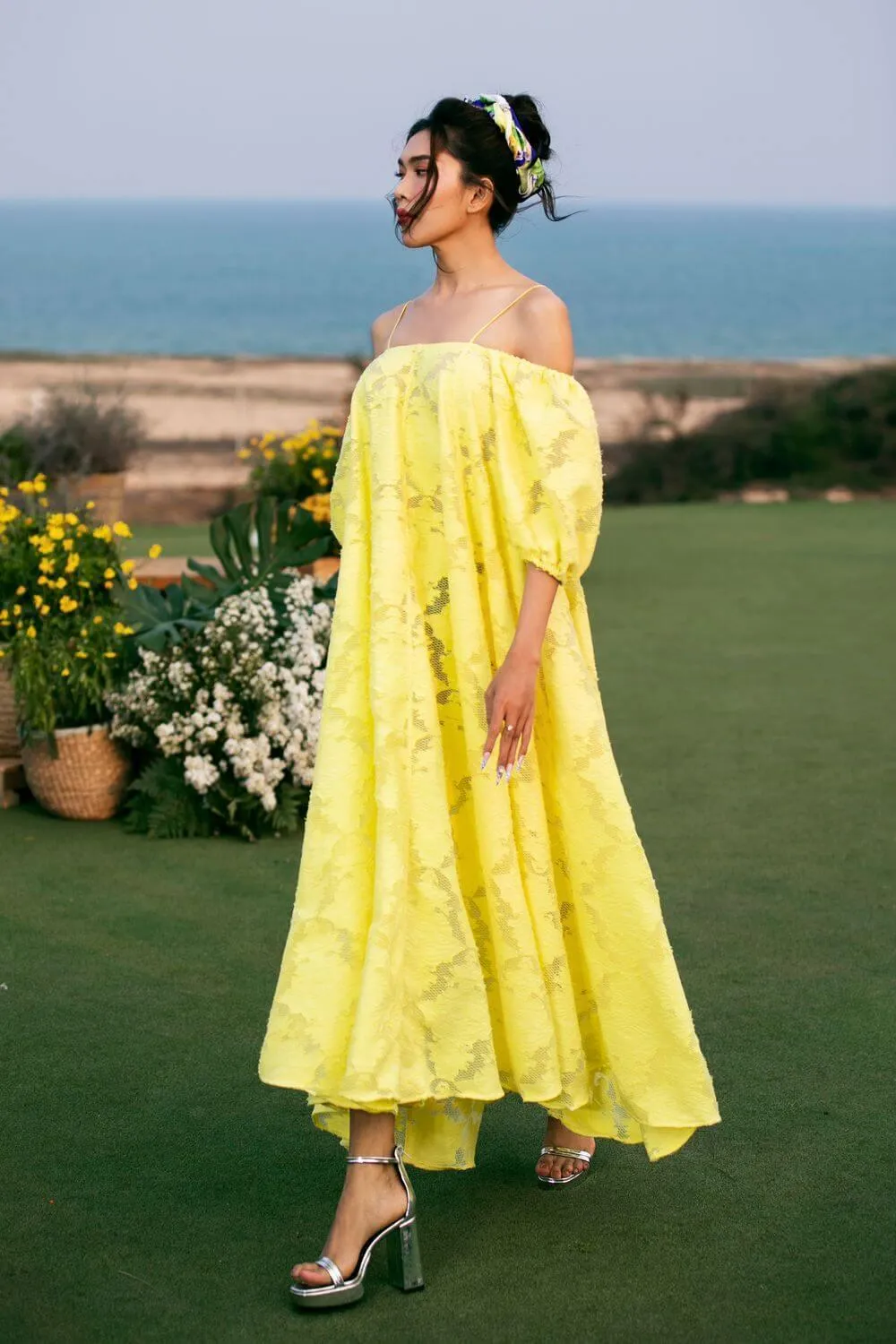 Reese Flared Off-Shoulder Brocade Organza Maxi Dress