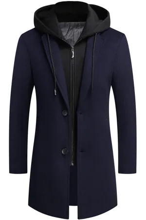 Removable hat, medium long casual woolen coat