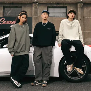 Retro American Printed Crew Neck Sweatshirt - Loose Fit Street Fashion Pullover