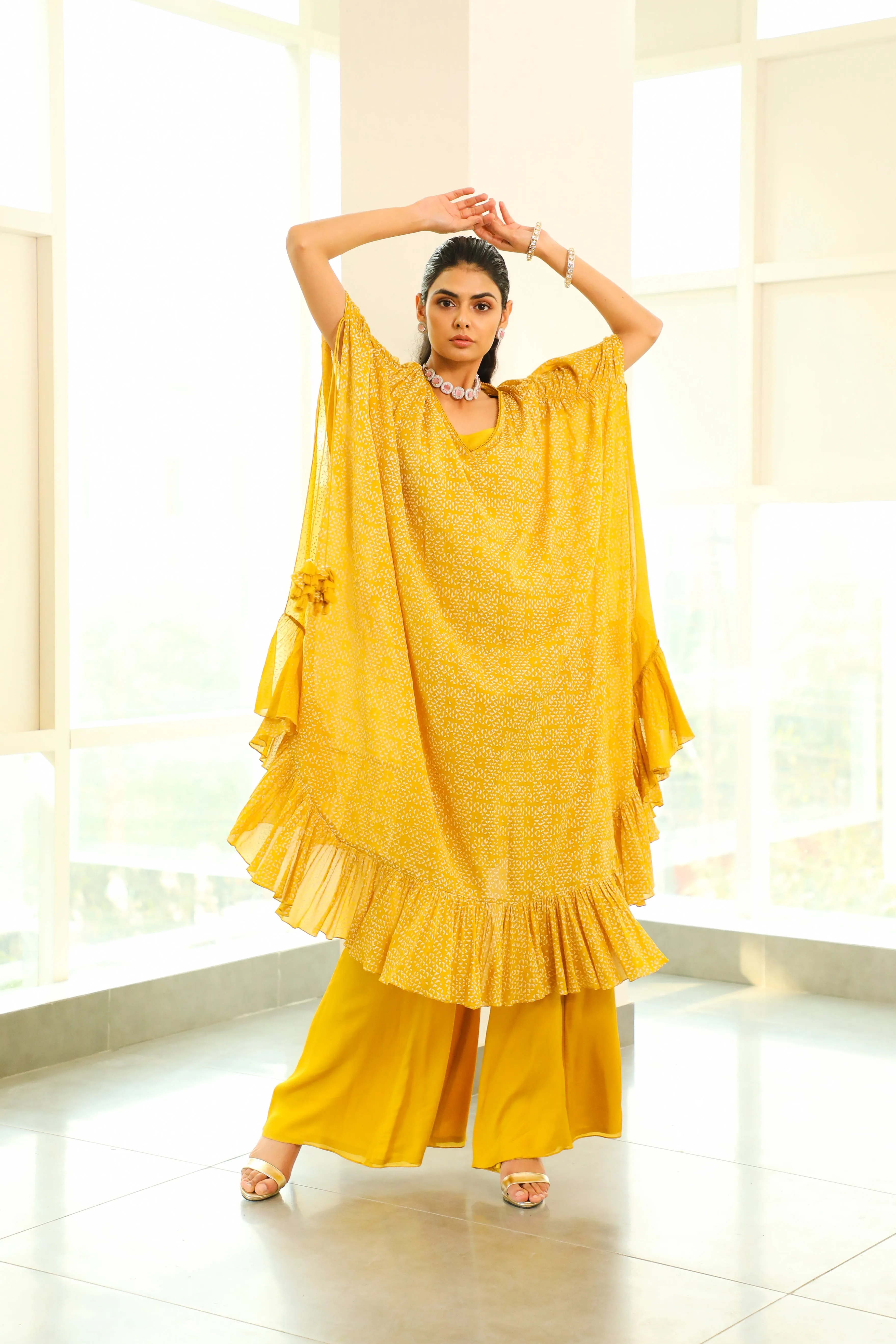 Rhyah - Canary Yellow Geometric Printed Kaftan Set
