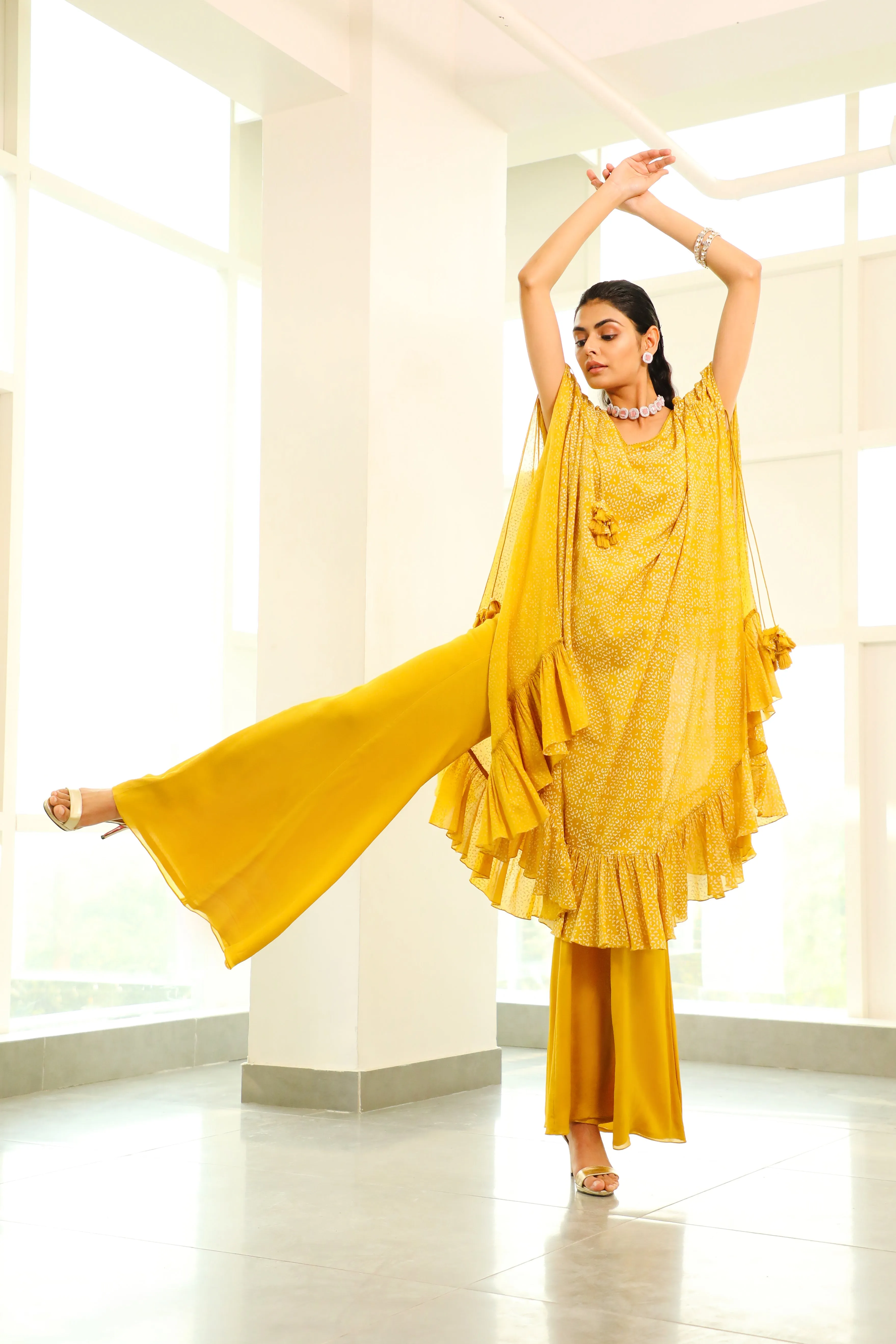Rhyah - Canary Yellow Geometric Printed Kaftan Set