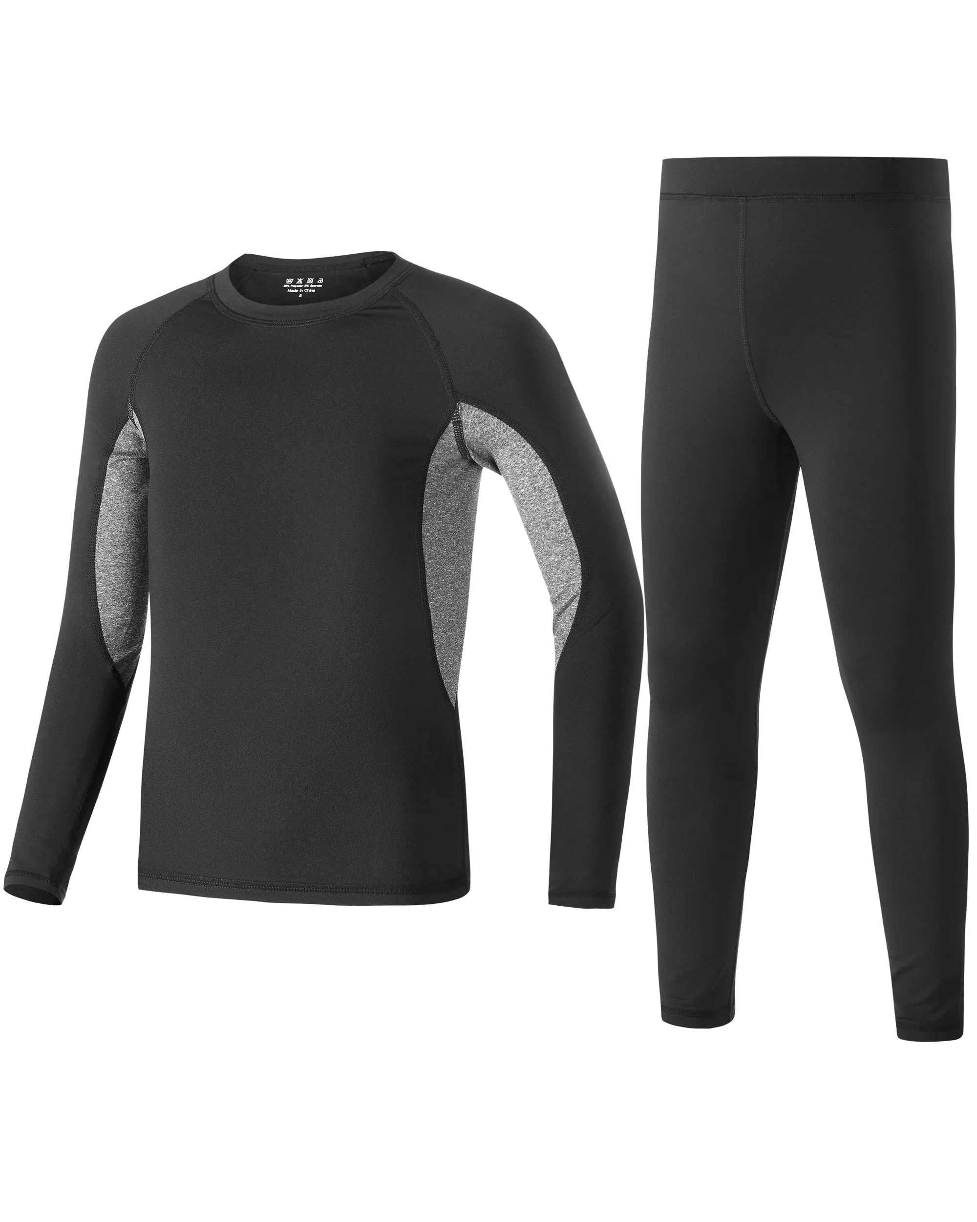Roadbox Youth Thermal Underwear Sets - Fleece Lined Base Layer Top & Bottoms Soft Underwears for Cycling Black