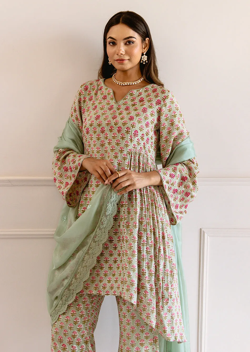 Sage Green Muslin Silk Printed 3-Piece Kurta Set