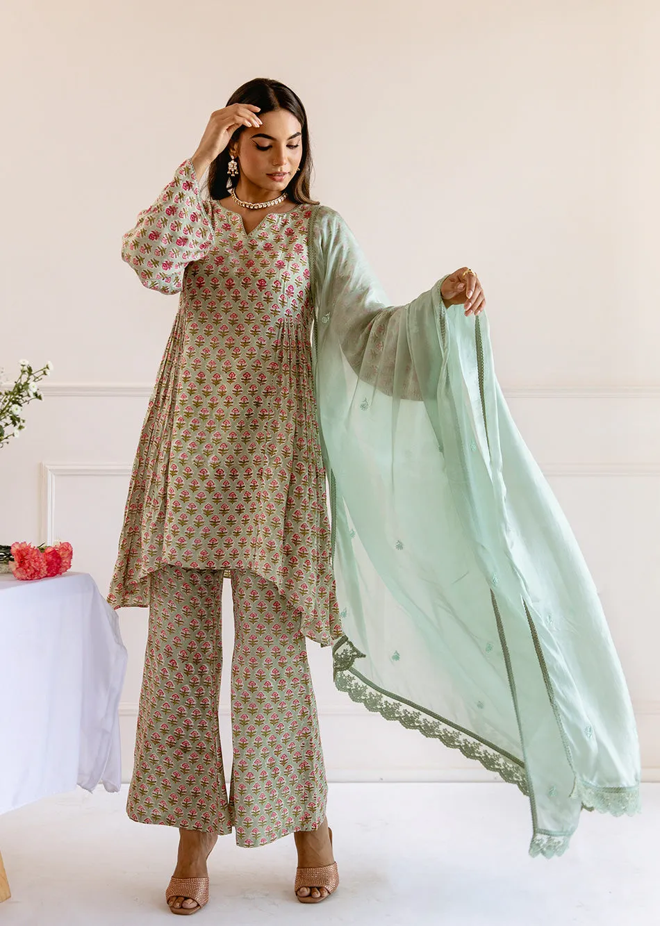 Sage Green Muslin Silk Printed 3-Piece Kurta Set