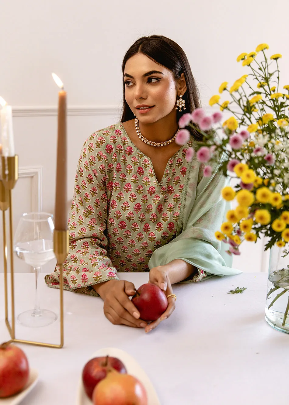 Sage Green Muslin Silk Printed 3-Piece Kurta Set