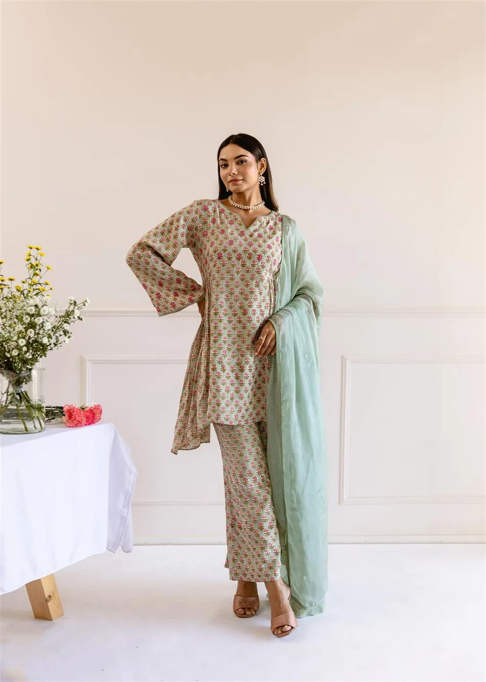 Sage Green Muslin Silk Printed 3-Piece Kurta Set