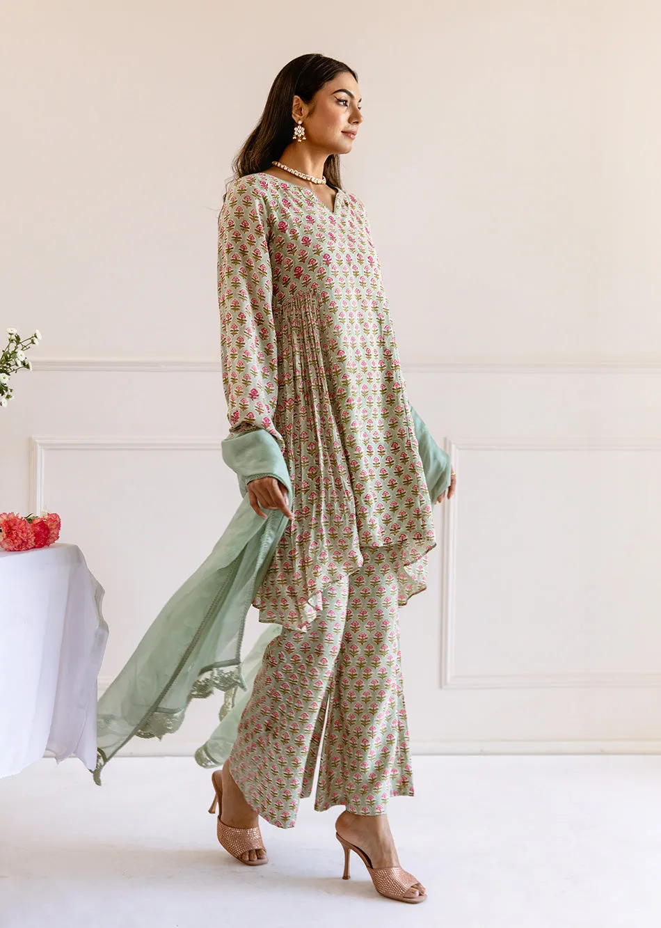 Sage Green Muslin Silk Printed 3-Piece Kurta Set