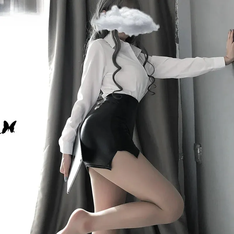 Sexy High-Waist Leather Split Wrap Mini Skirt Bottom